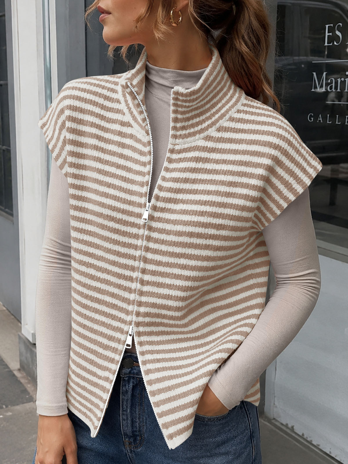 Saodimallsu Women Striped Zip Up Knit Cardigan