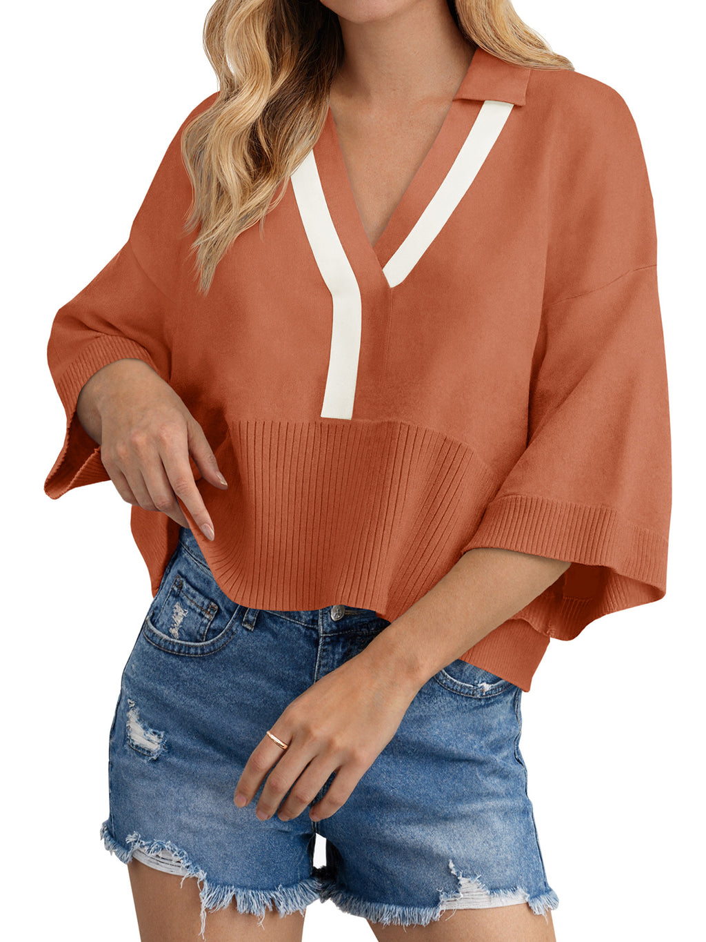 Saodimallsu Womens Color Block V Neck Sweater
