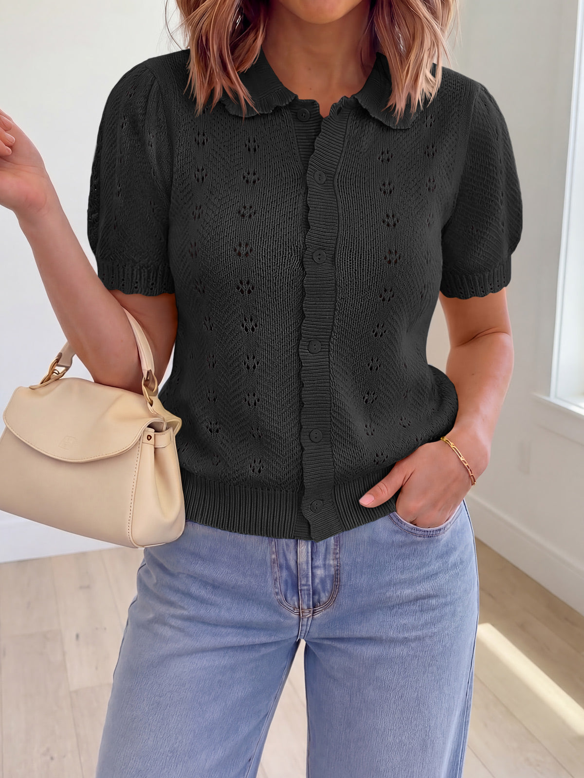 Saodimallsu Women Crochet Puff Sleeve Cardigan