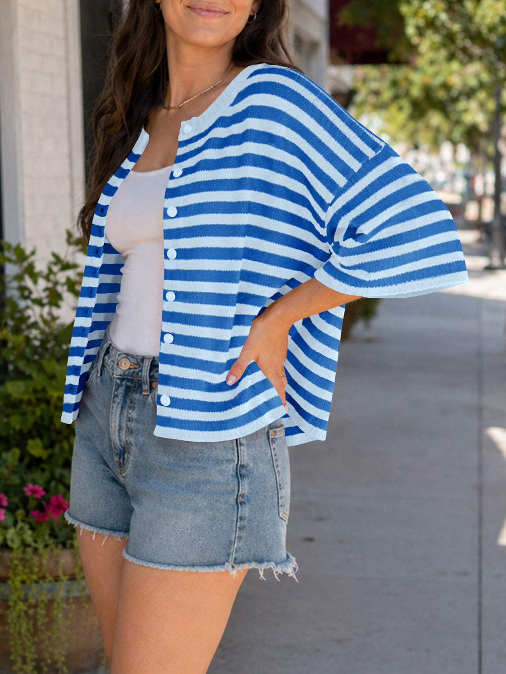 Saodimallsu Women Striped Cropped Cardigan