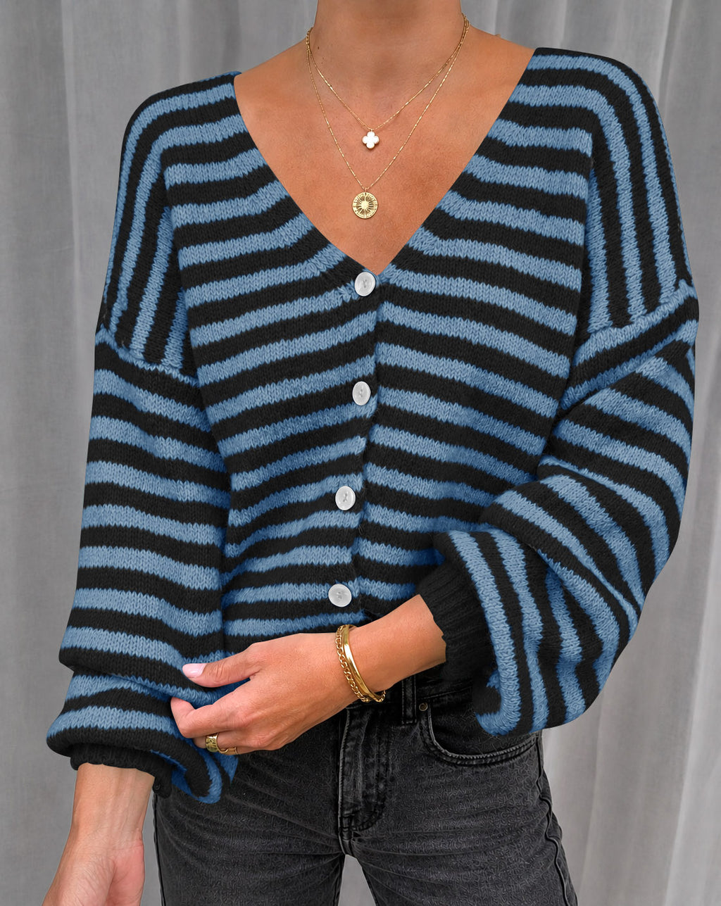 Saodimallsu Women Striped V-Neck Knit Cardigan Sweater