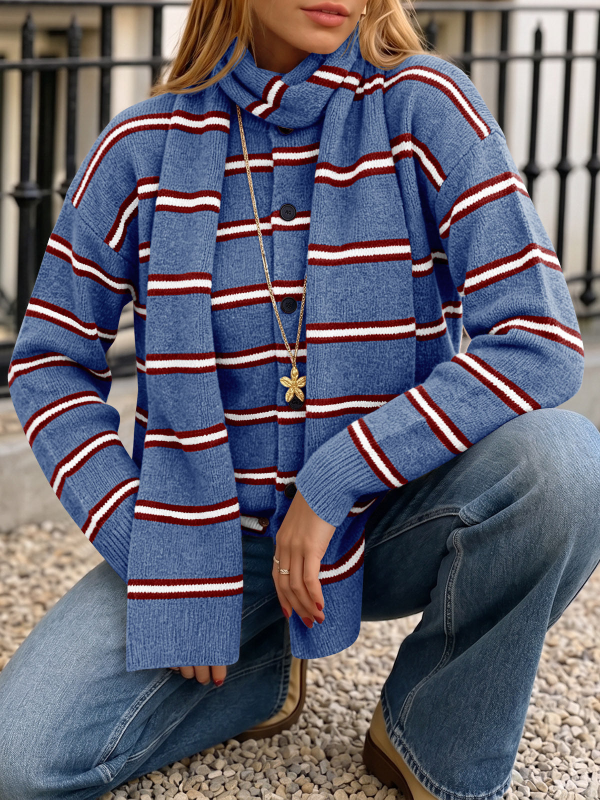 Saodimallsu Striped Knit Button Cardigan