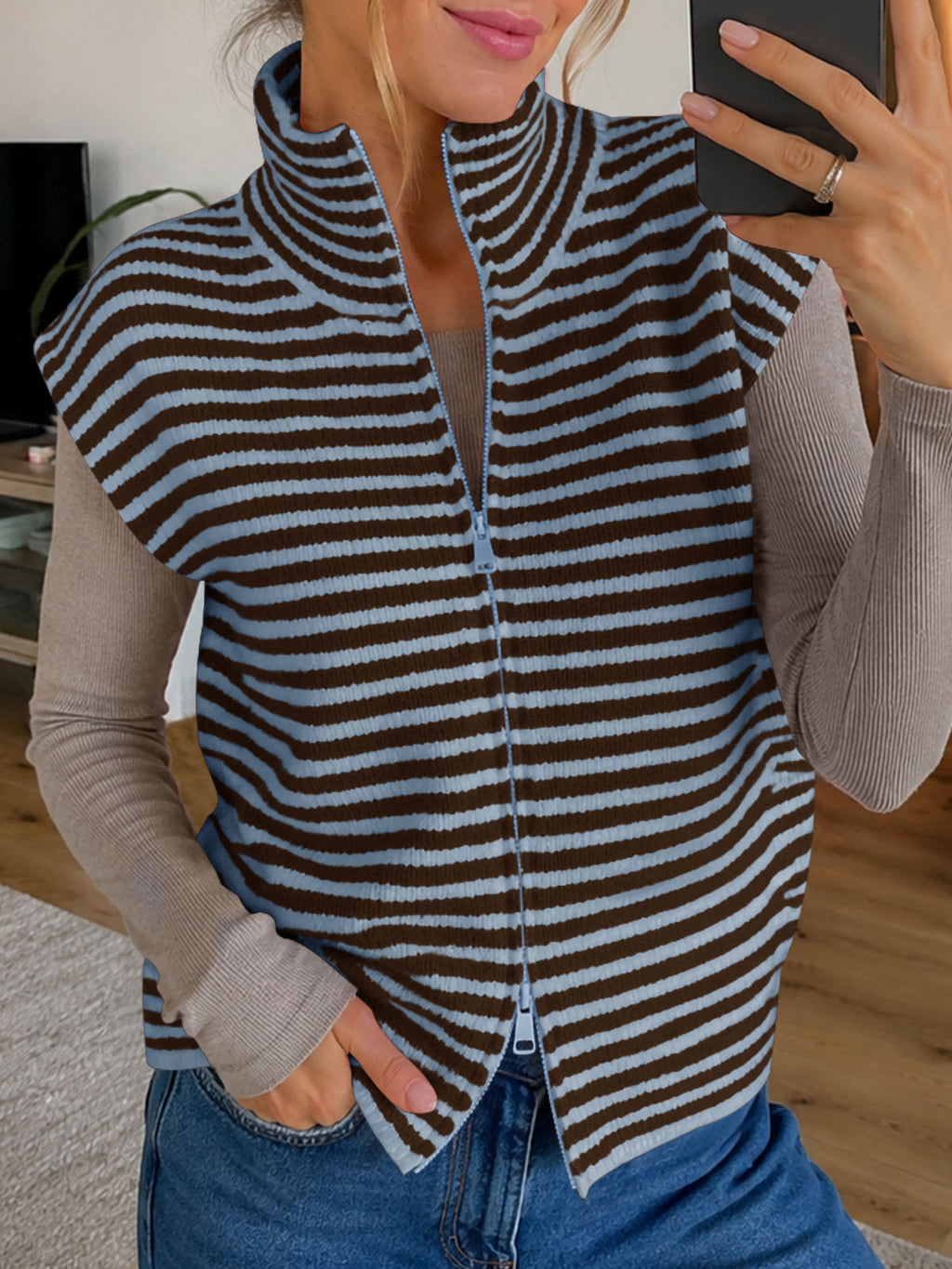 Saodimallsu Women Striped Zip Up Knit Cardigan
