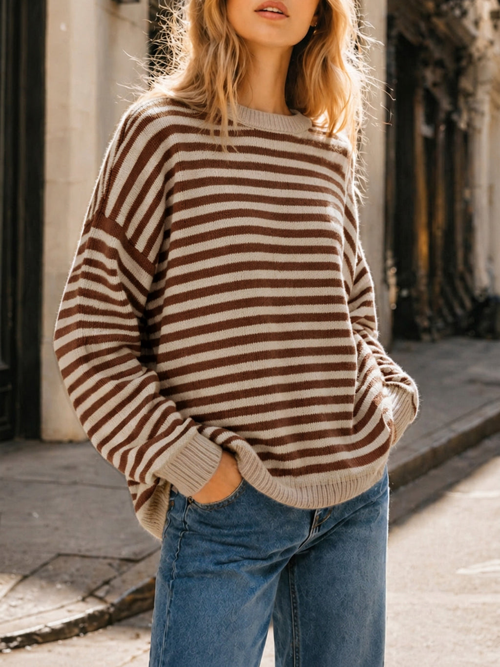 Saodimallsu Women Oversized Striped Crew Neck Pullover Sweater