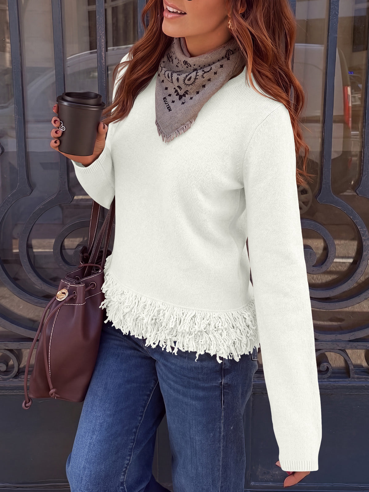 Saodimallsu Women Boho Fringe Knit Sweater