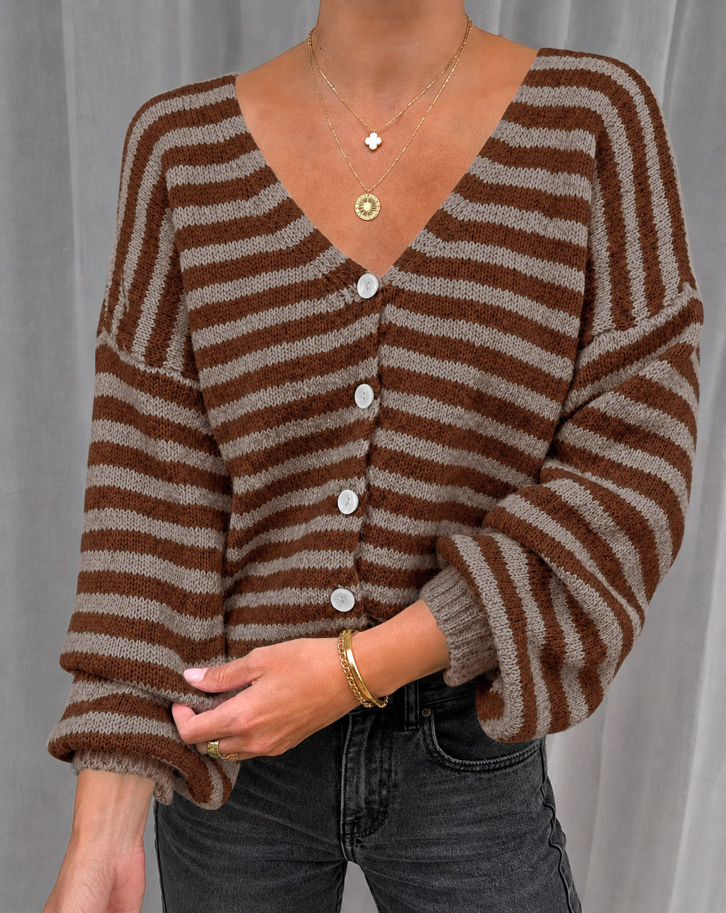 Saodimallsu Women Striped V-Neck Knit Cardigan Sweater