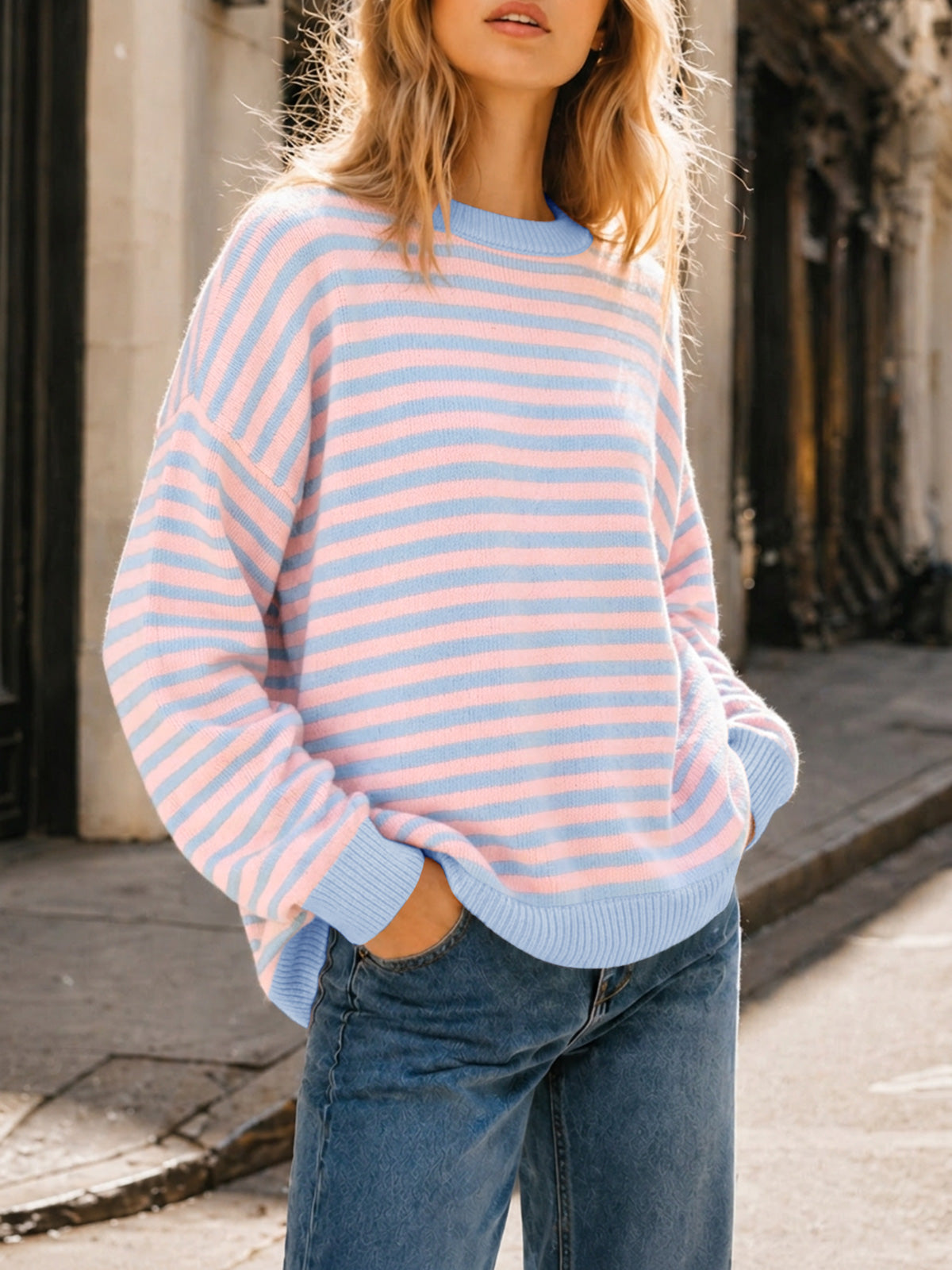 Saodimallsu Women Oversized Striped Crew Neck Pullover Sweater