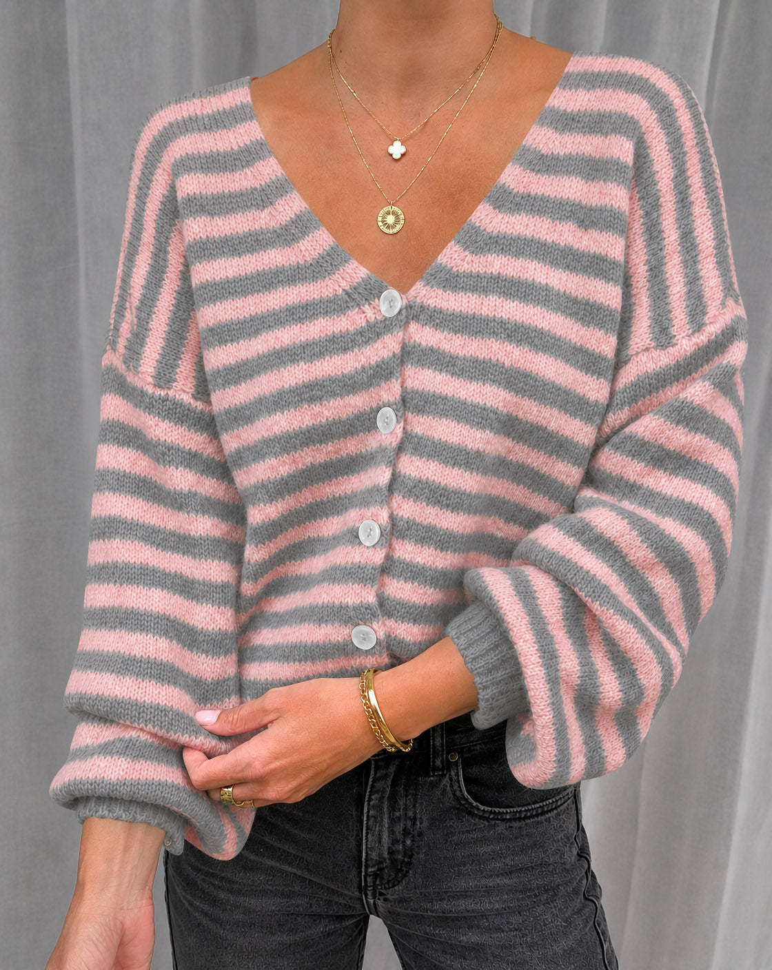 Saodimallsu Women Striped V-Neck Knit Cardigan Sweater