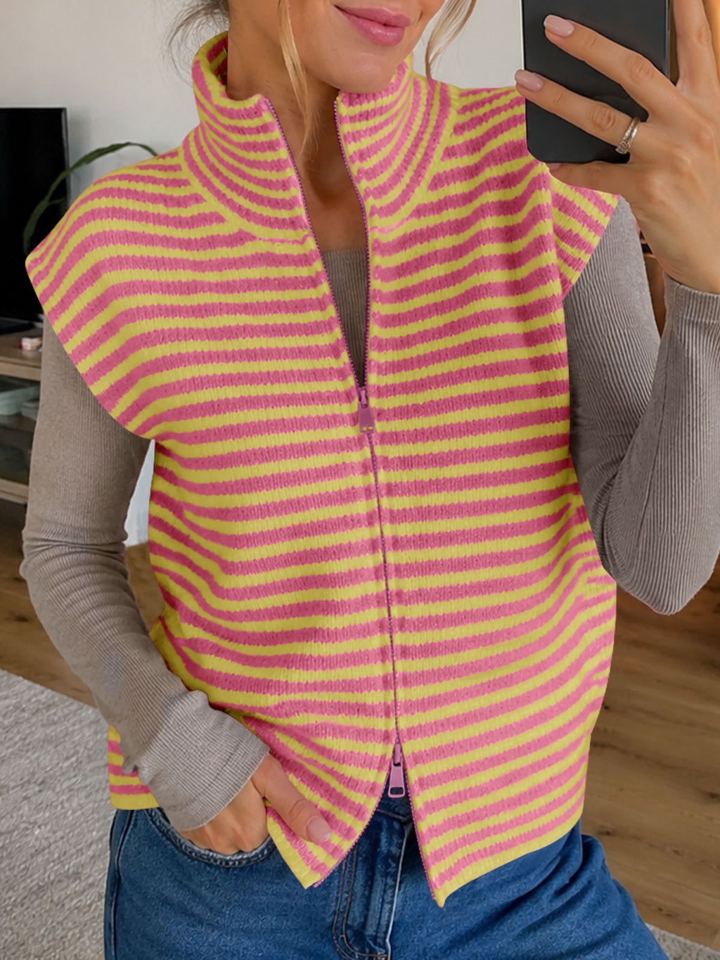 Saodimallsu Women Striped Zip Up Knit Cardigan
