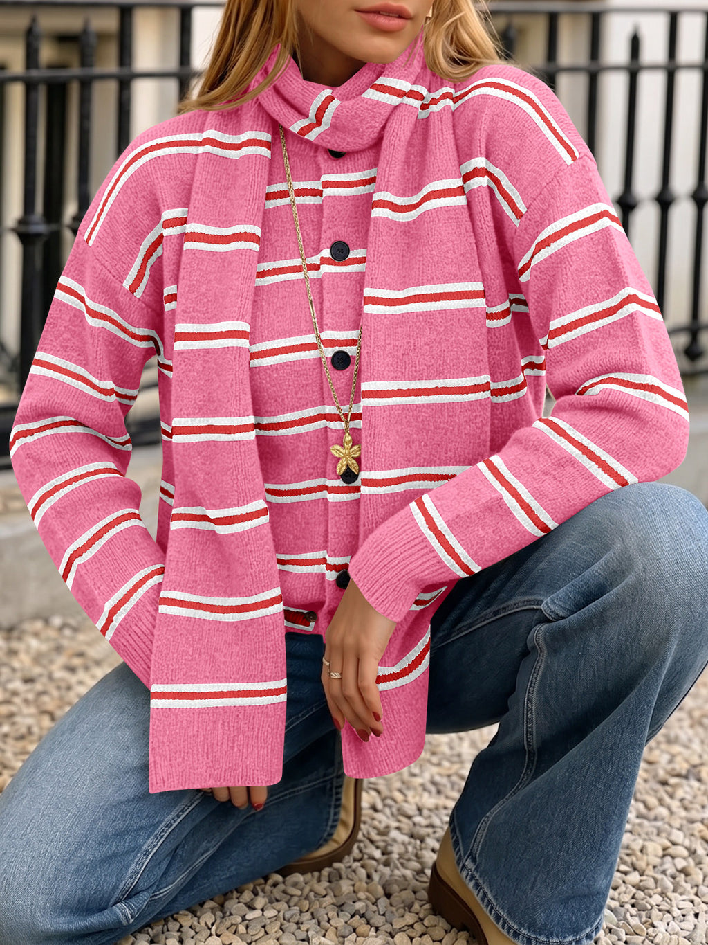 Saodimallsu Striped Knit Button Cardigan