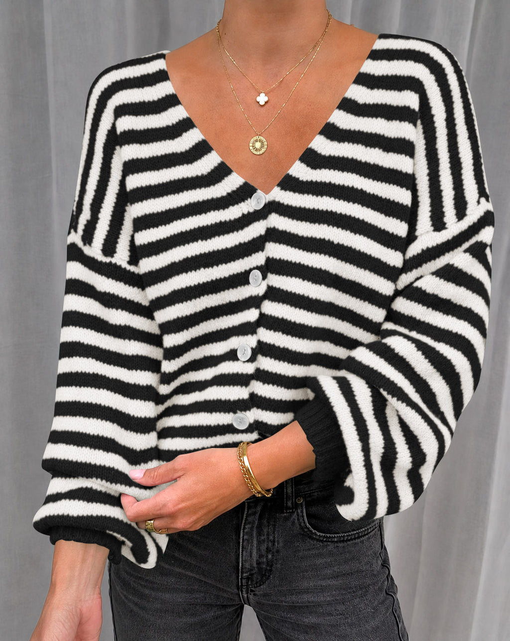 Saodimallsu Women Striped V-Neck Knit Cardigan Sweater