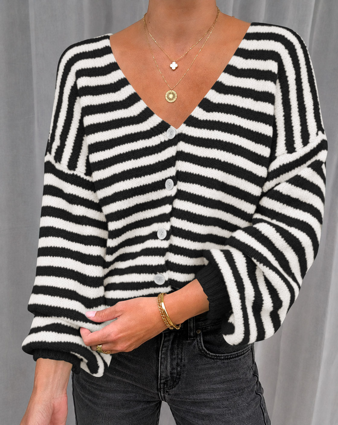 Saodimallsu Women Striped V-Neck Knit Cardigan Sweater