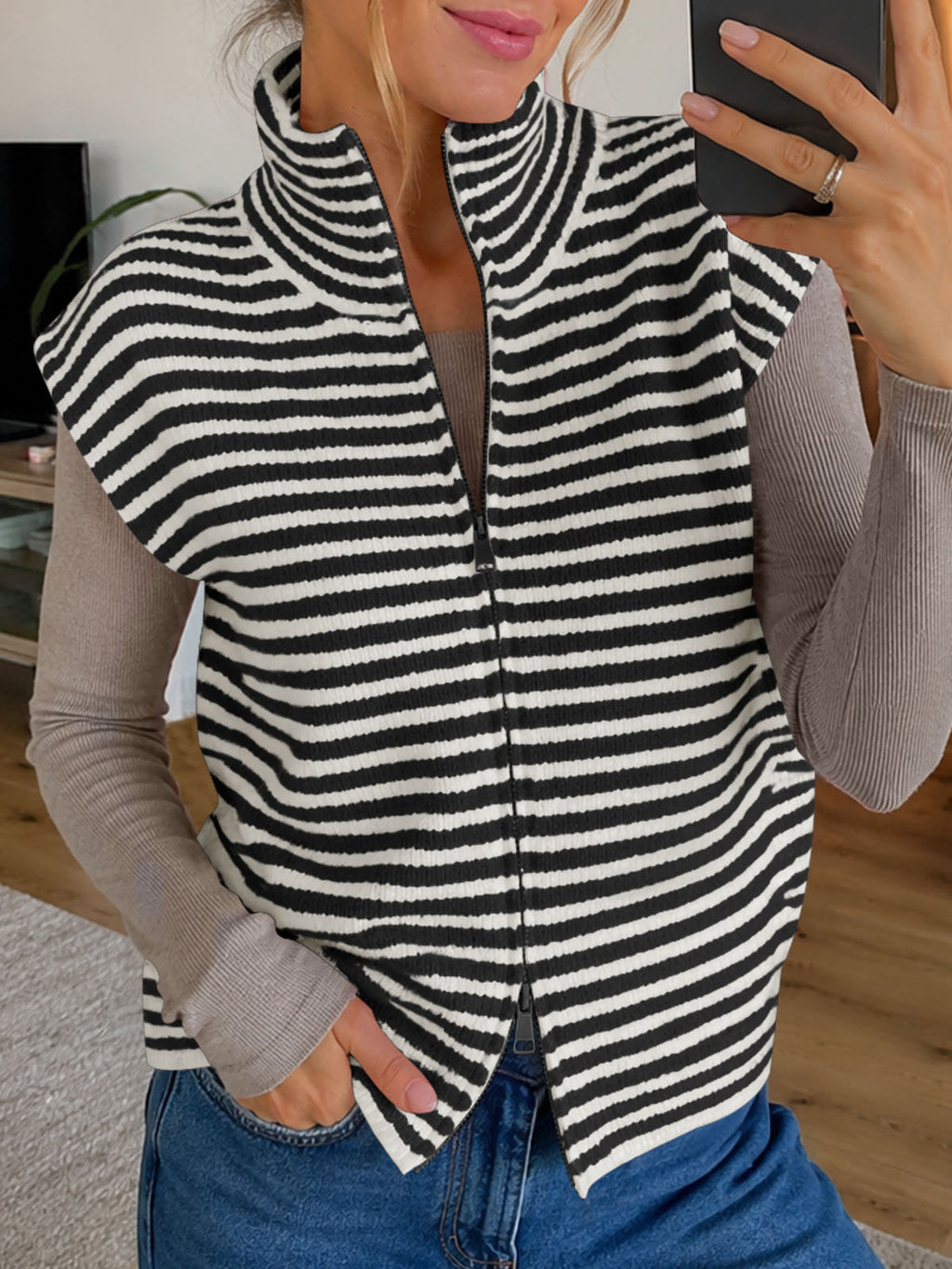 Saodimallsu Women Striped Zip Up Knit Cardigan