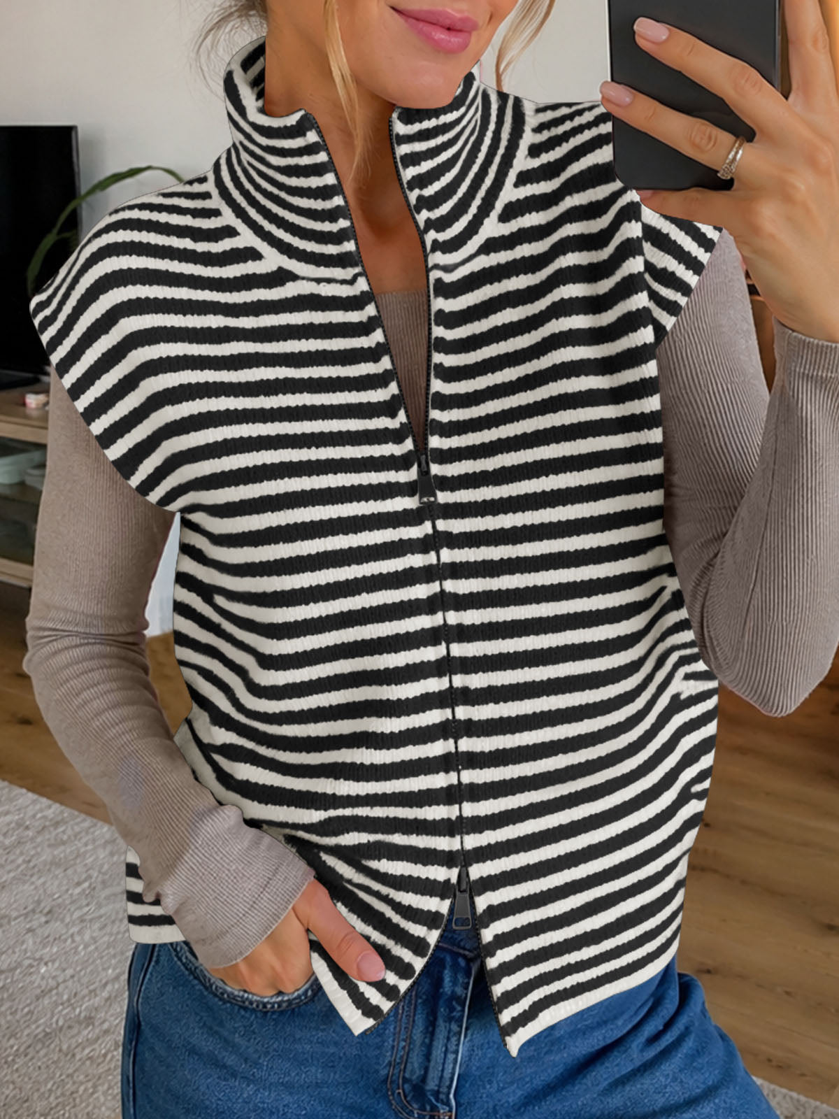 Saodimallsu Women Striped Zip Up Knit Cardigan