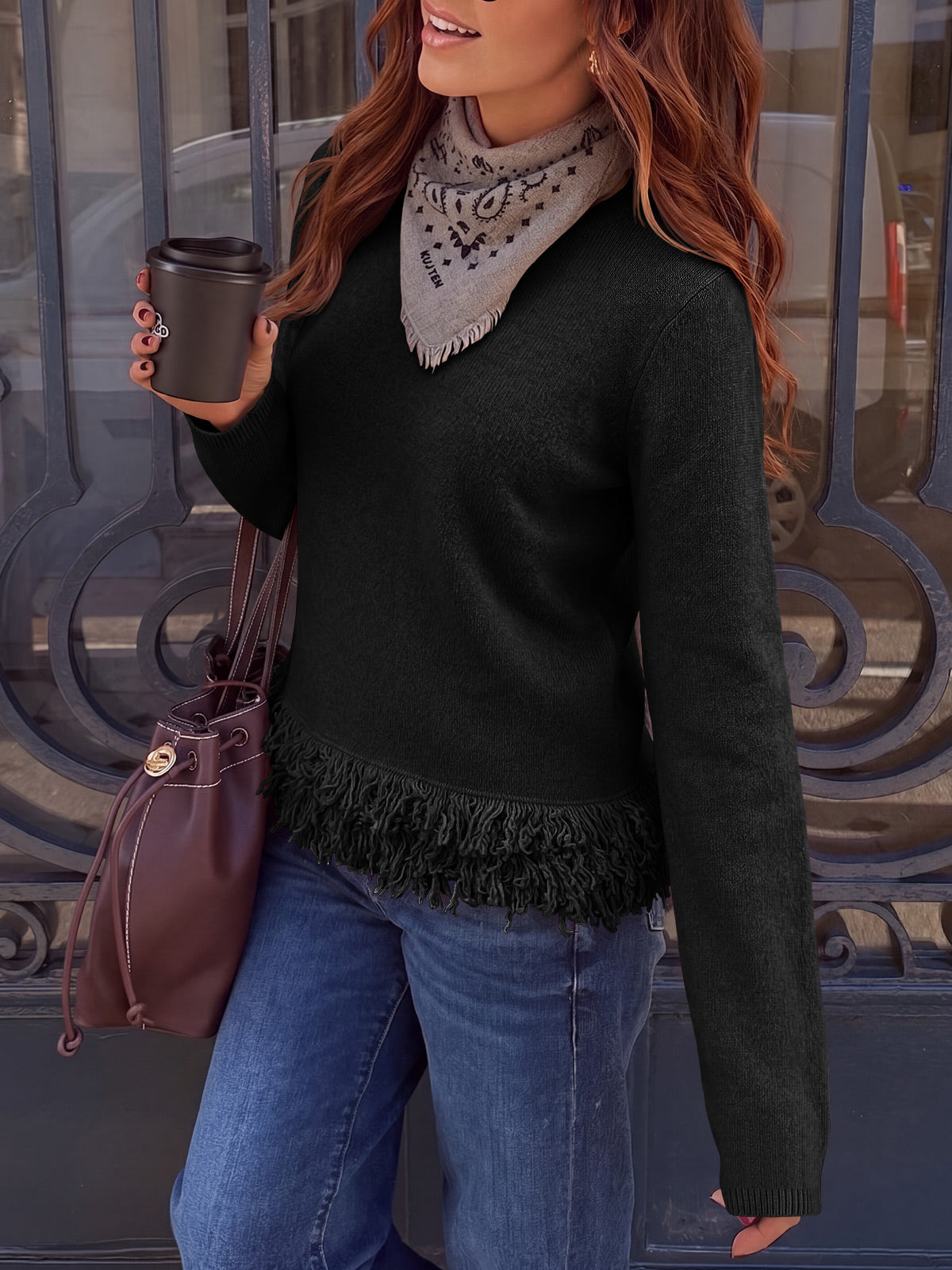Saodimallsu Women Boho Fringe Knit Sweater