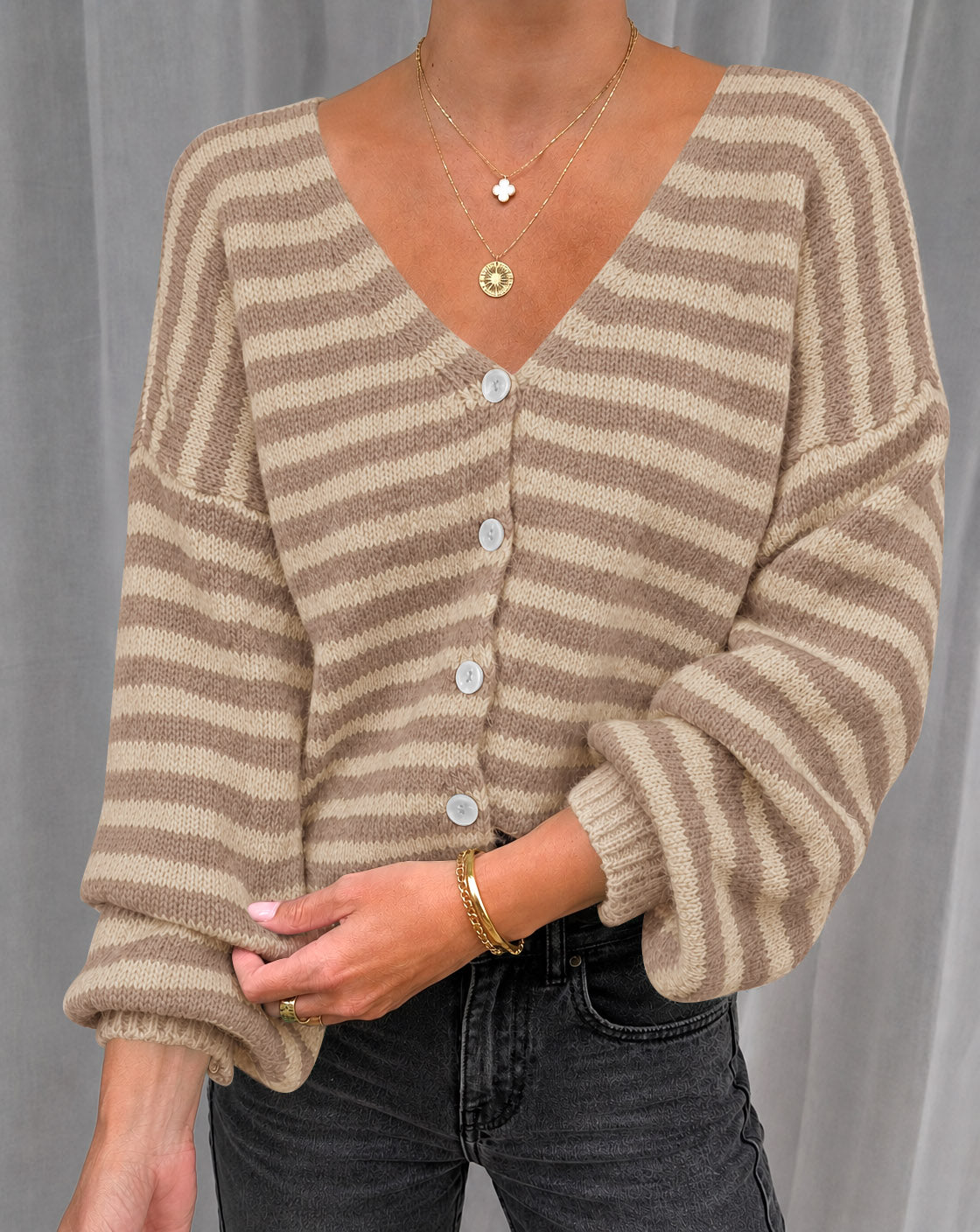 Saodimallsu Women Striped V-Neck Knit Cardigan Sweater
