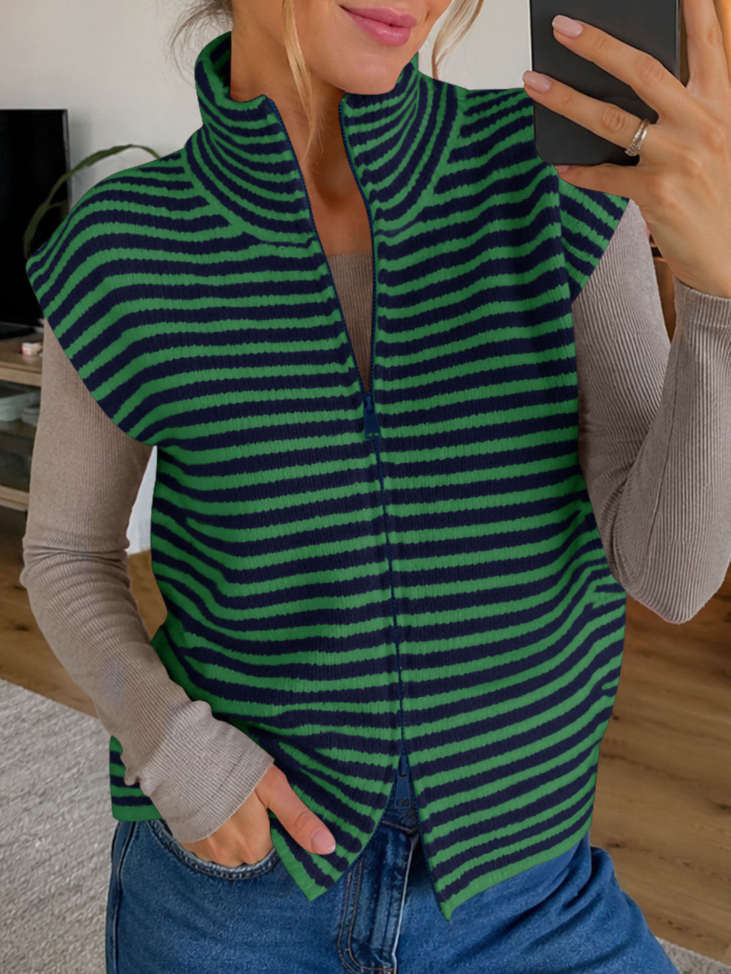 Saodimallsu Women Striped Zip Up Knit Cardigan