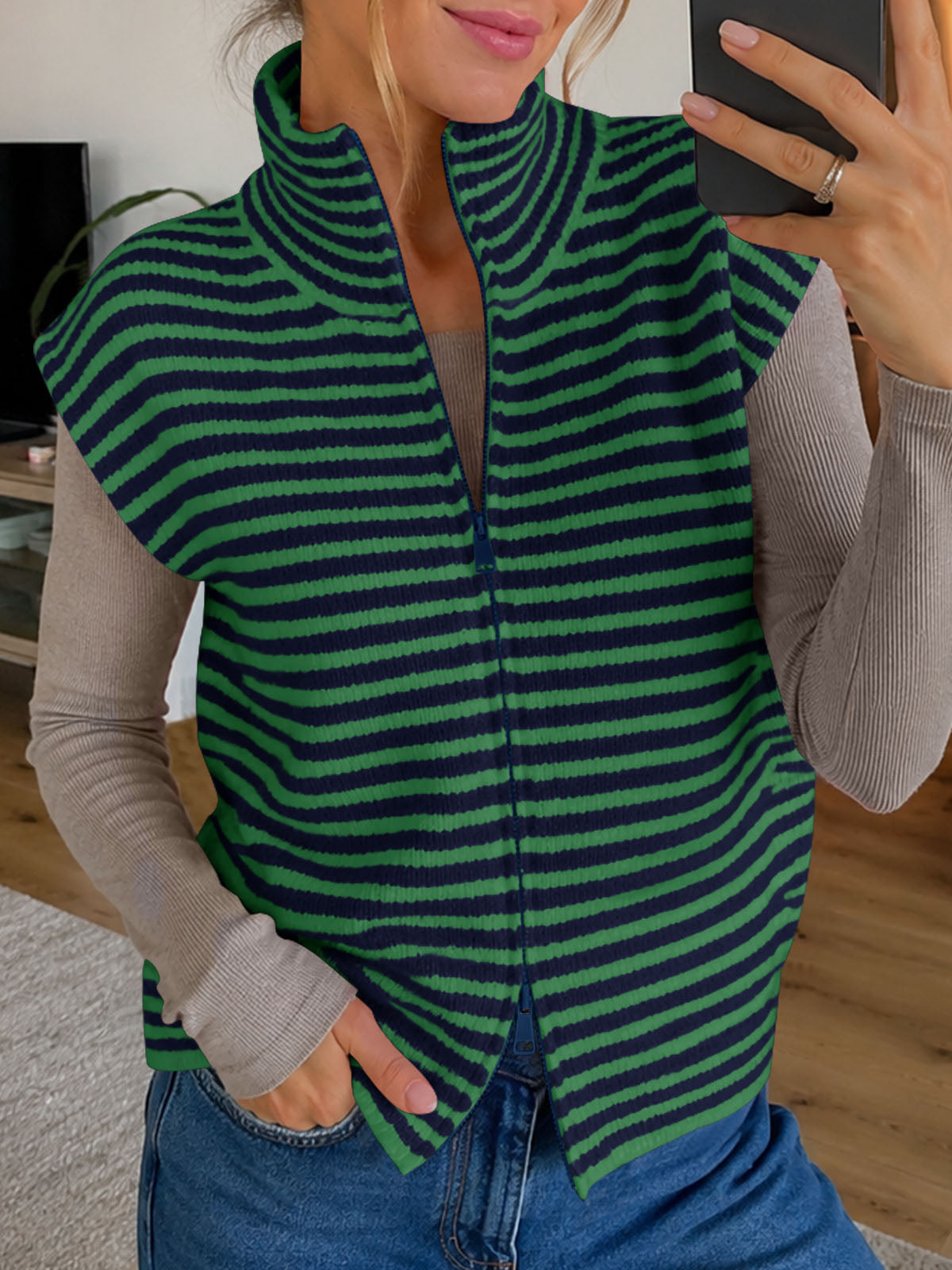 Saodimallsu Women Striped Zip Up Knit Cardigan