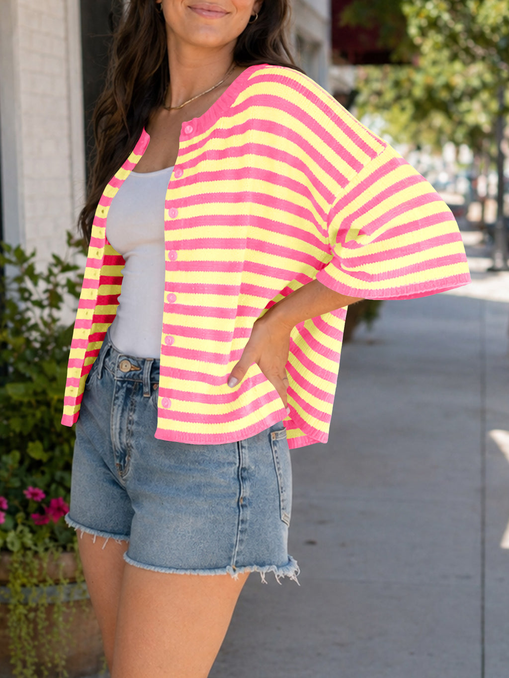 Saodimallsu Women Striped Cropped Cardigan