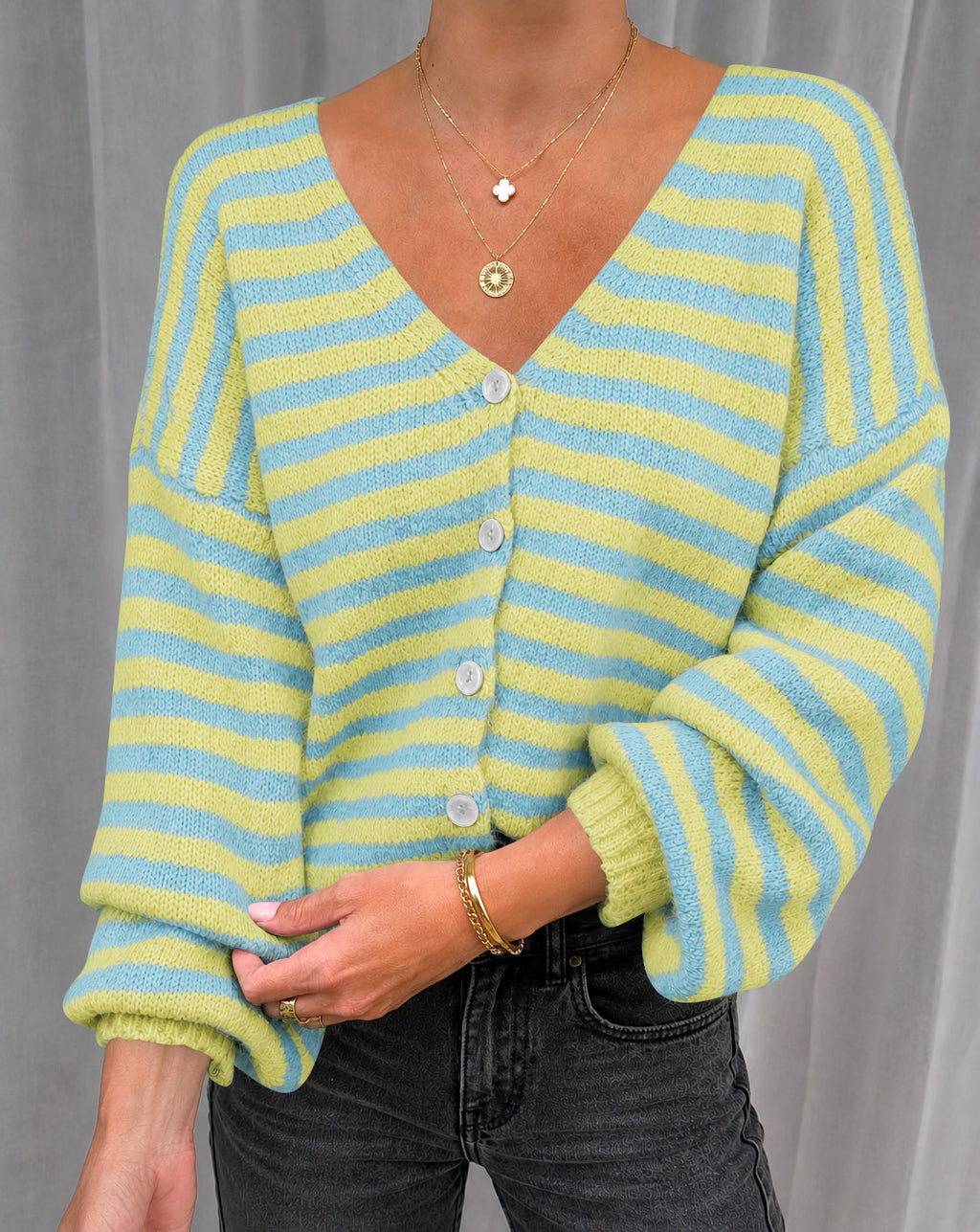 Saodimallsu Women Striped V-Neck Knit Cardigan Sweater