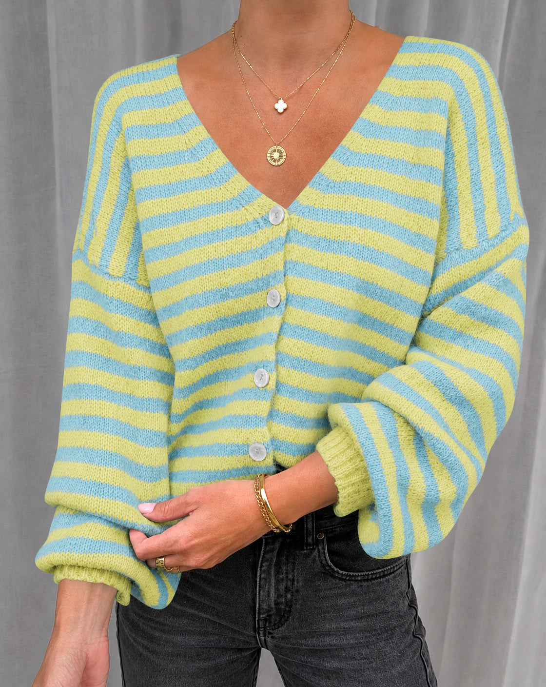 Saodimallsu Women Striped V-Neck Knit Cardigan Sweater