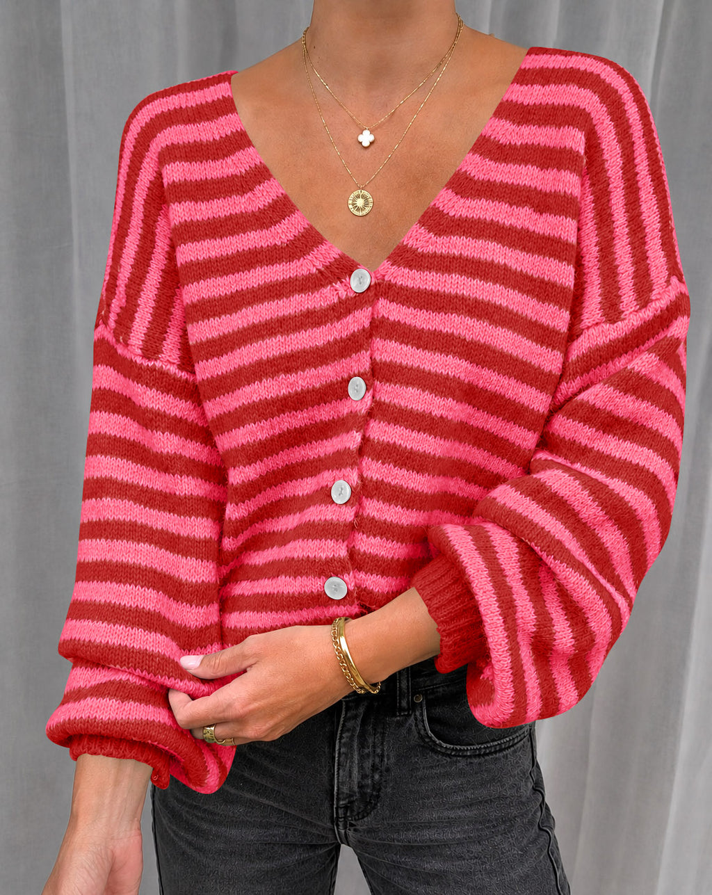 Saodimallsu Women Striped V-Neck Knit Cardigan Sweater