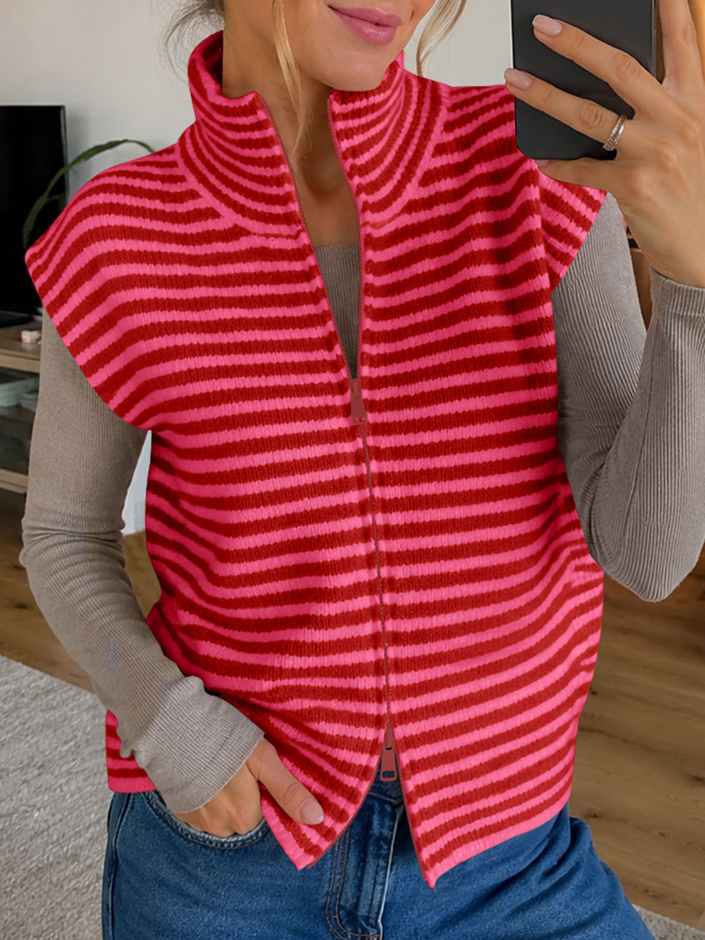 Saodimallsu Women Striped Zip Up Knit Cardigan