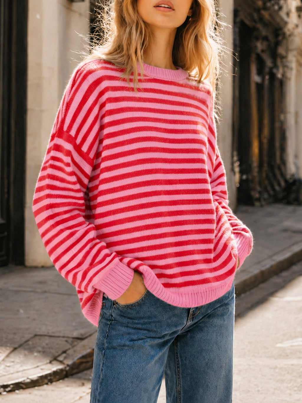 Saodimallsu Women Oversized Striped Crew Neck Pullover Sweater