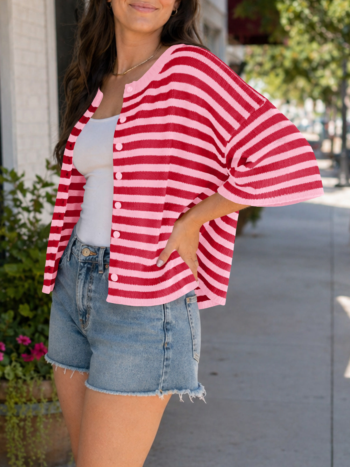 Saodimallsu Women Striped Cropped Cardigan