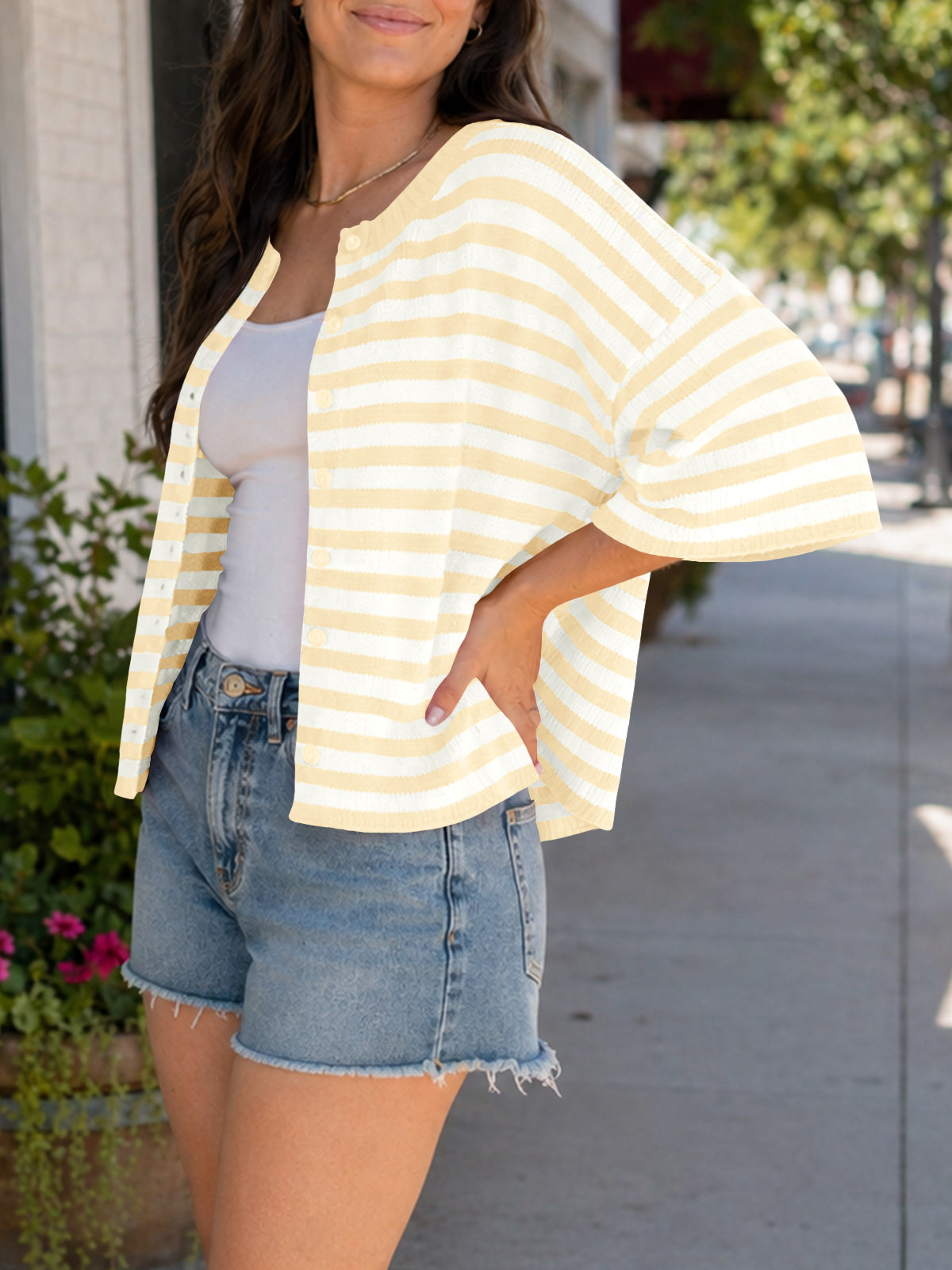 Saodimallsu Women Striped Cropped Cardigan