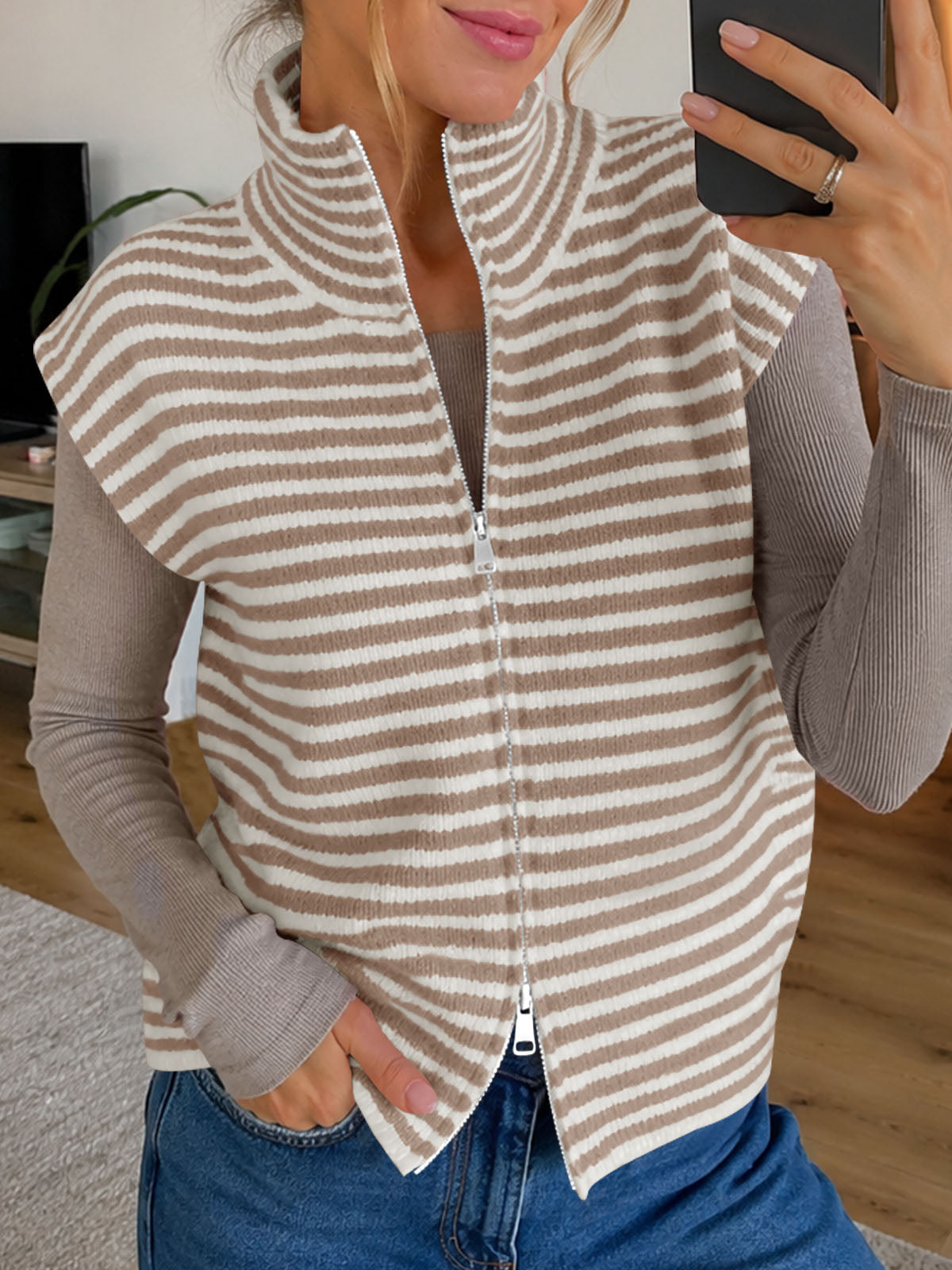 Saodimallsu Women Striped Zip Up Knit Cardigan