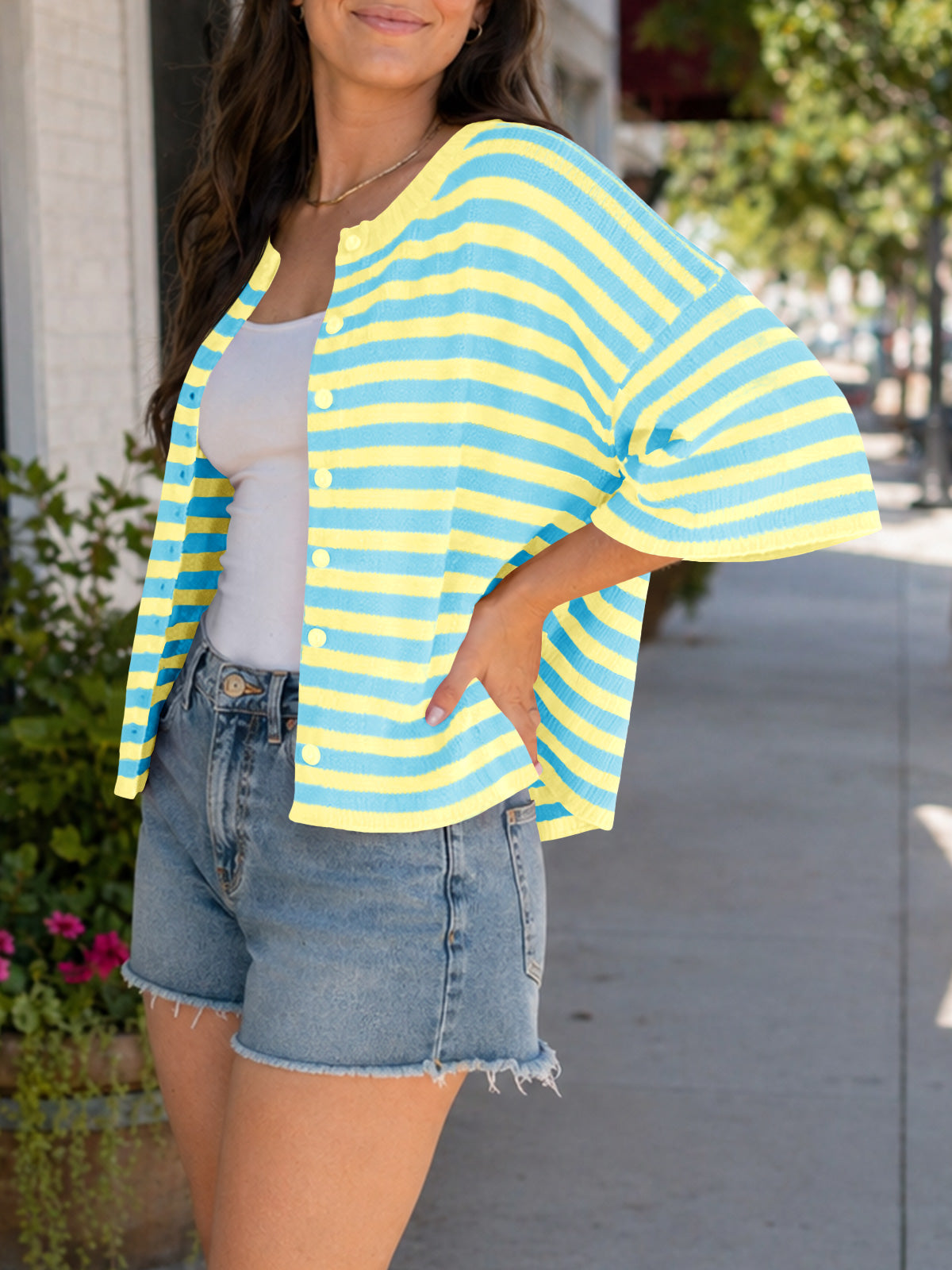 Saodimallsu Women Striped Cropped Cardigan
