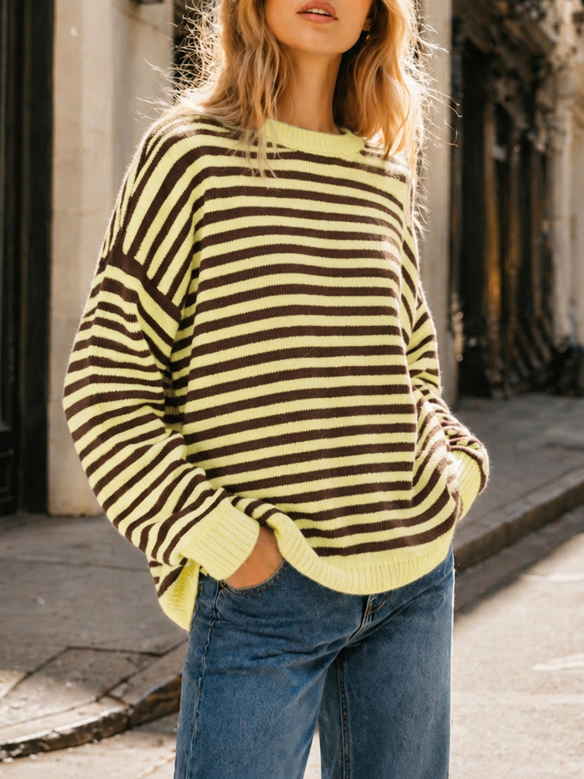 Saodimallsu Women Oversized Striped Crew Neck Pullover Sweater
