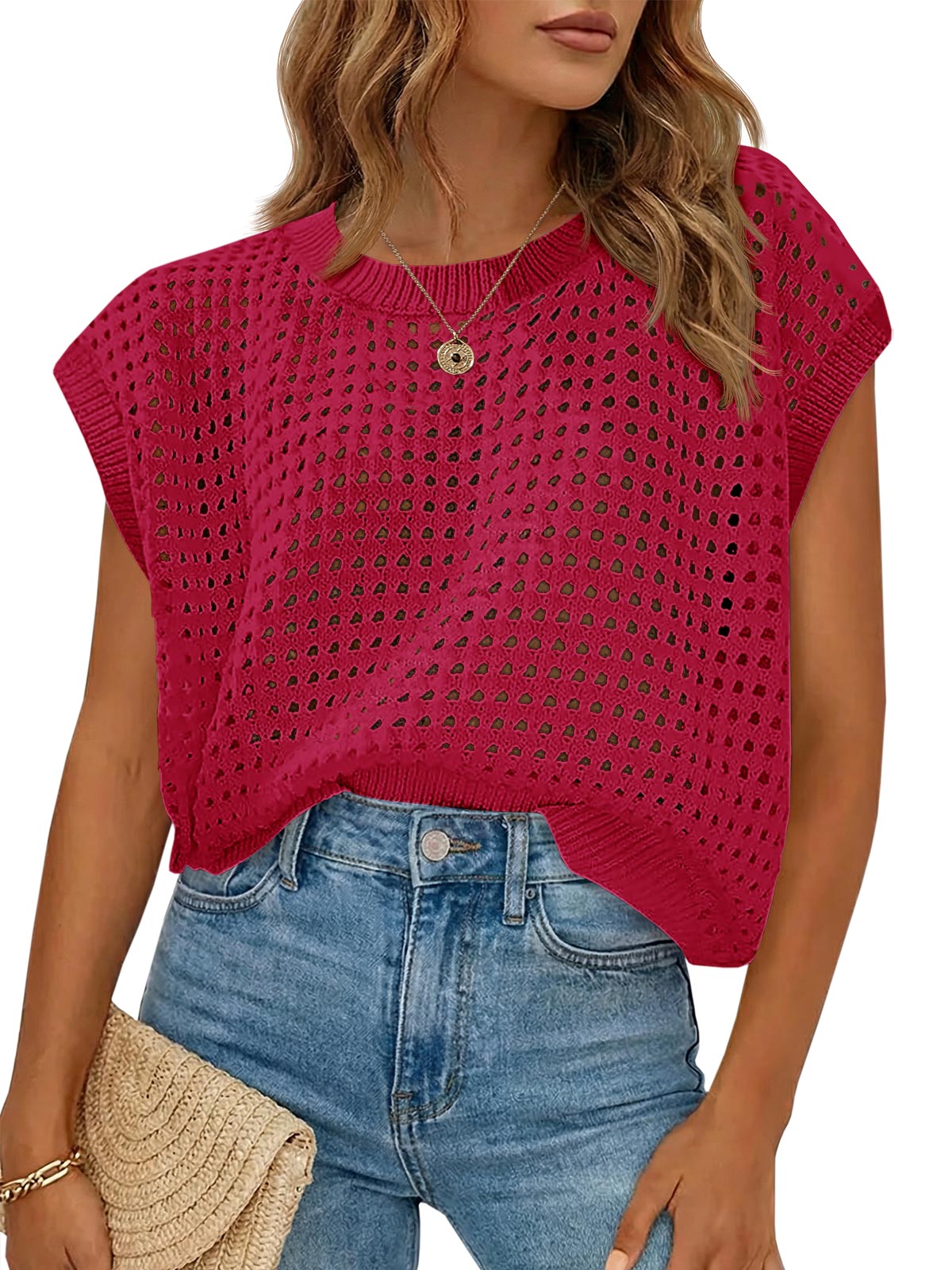 Saodimallsu Womens Summer Crochet Cap Sleeve Sweater Tops