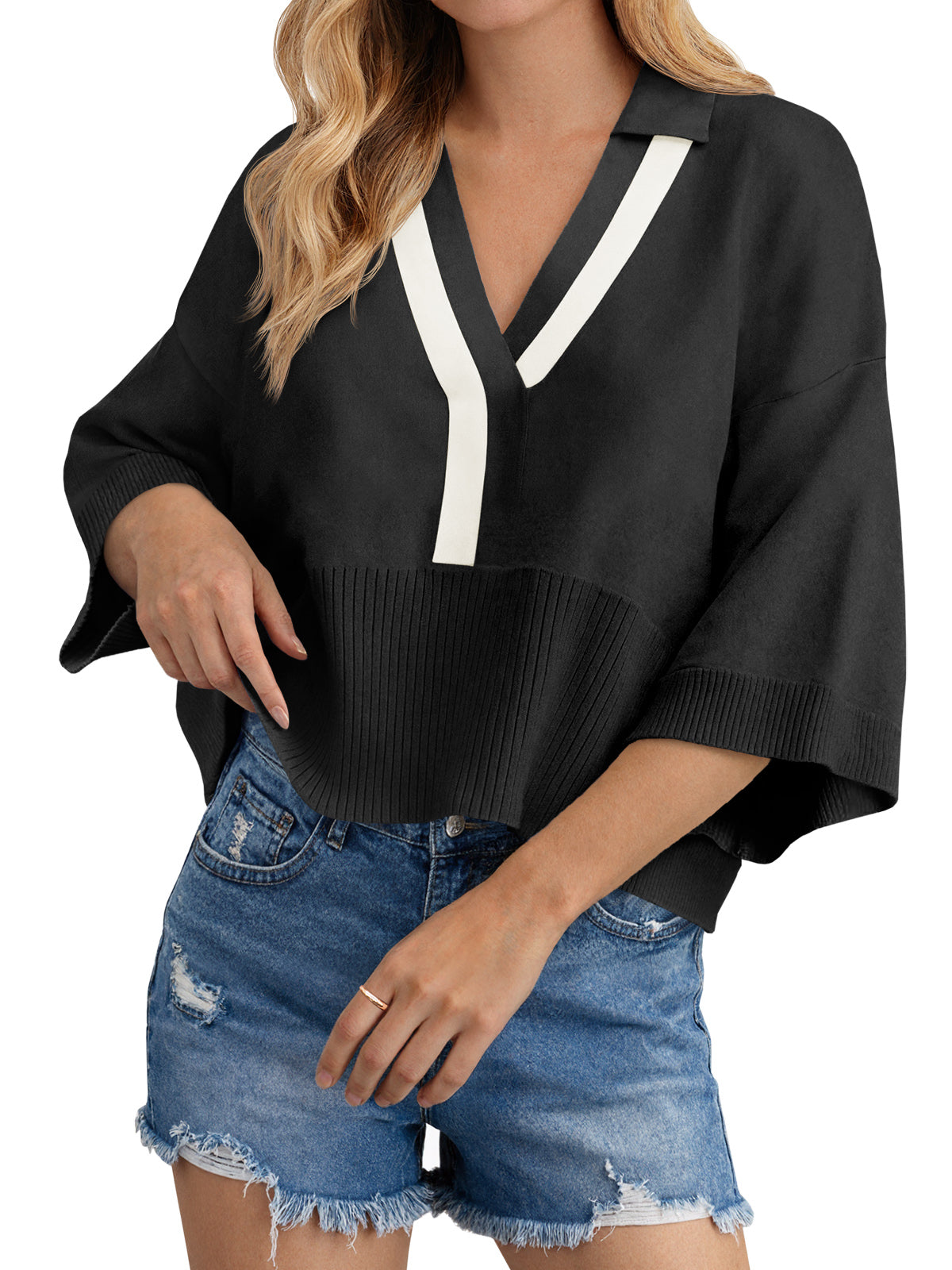 Saodimallsu Womens Color Block V Neck Sweater