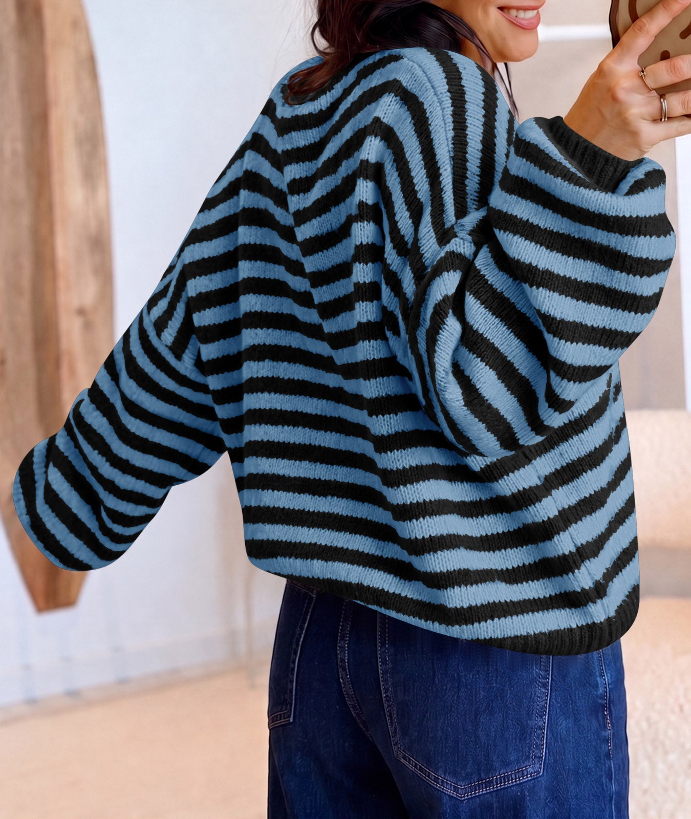 Saodimallsu Women Striped V-Neck Knit Cardigan Sweater