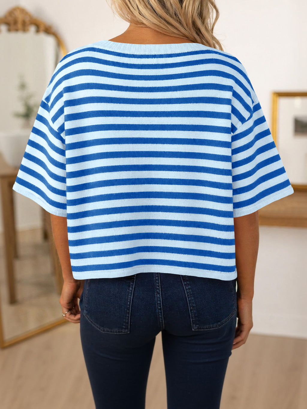 Saodimallsu Women Striped Cropped Cardigan