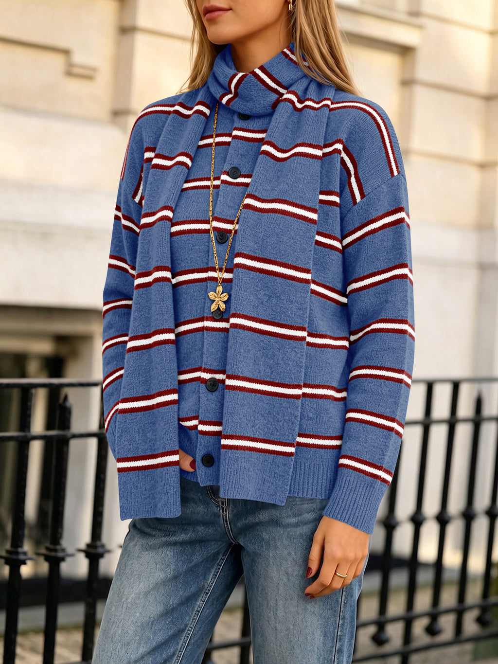 Saodimallsu Striped Knit Button Cardigan