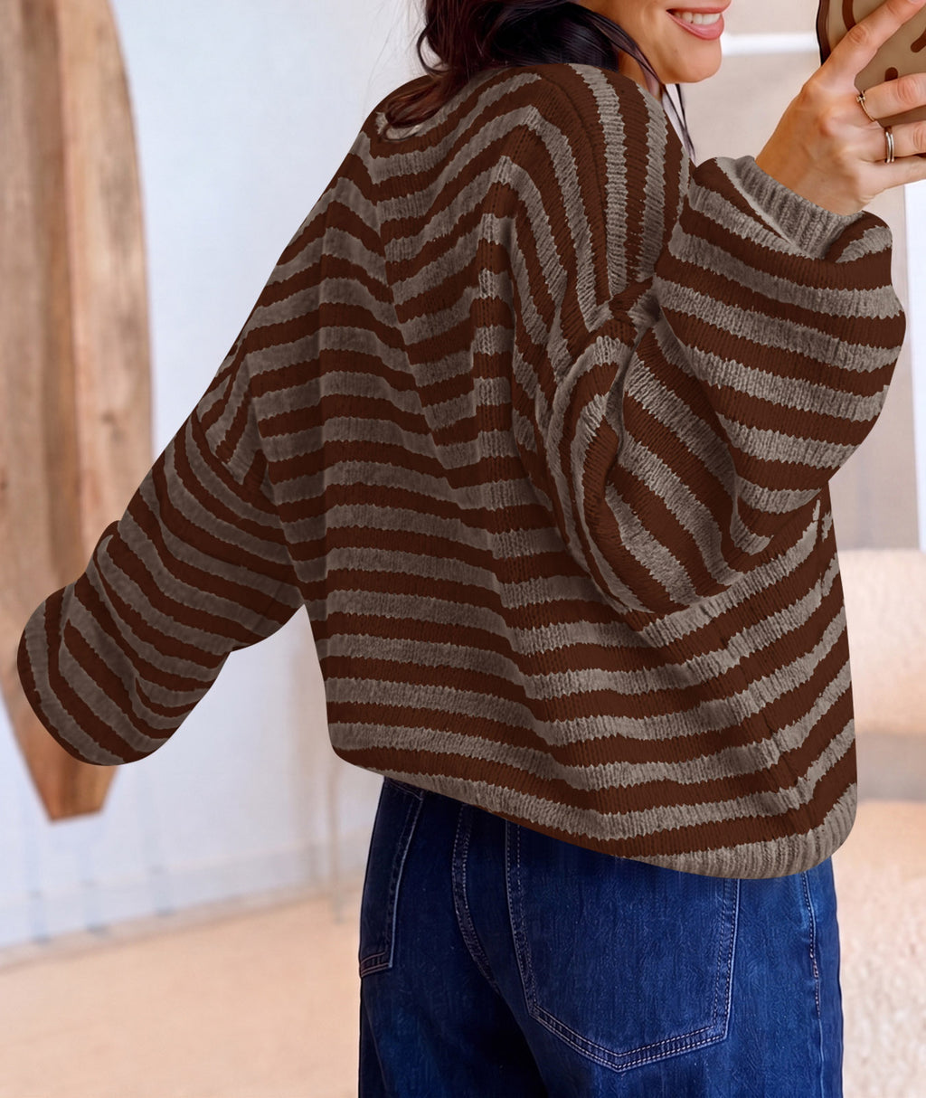 Saodimallsu Women Striped V-Neck Knit Cardigan Sweater
