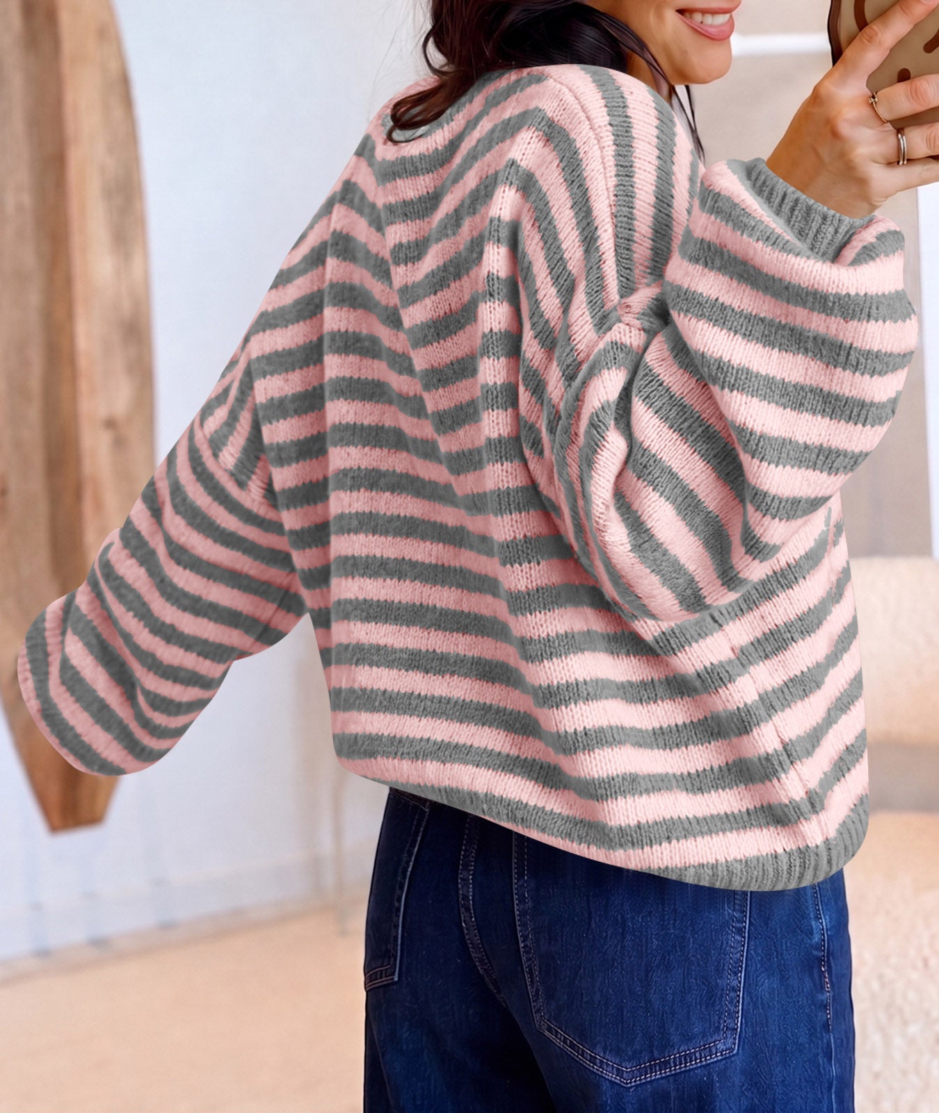 Saodimallsu Women Striped V-Neck Knit Cardigan Sweater
