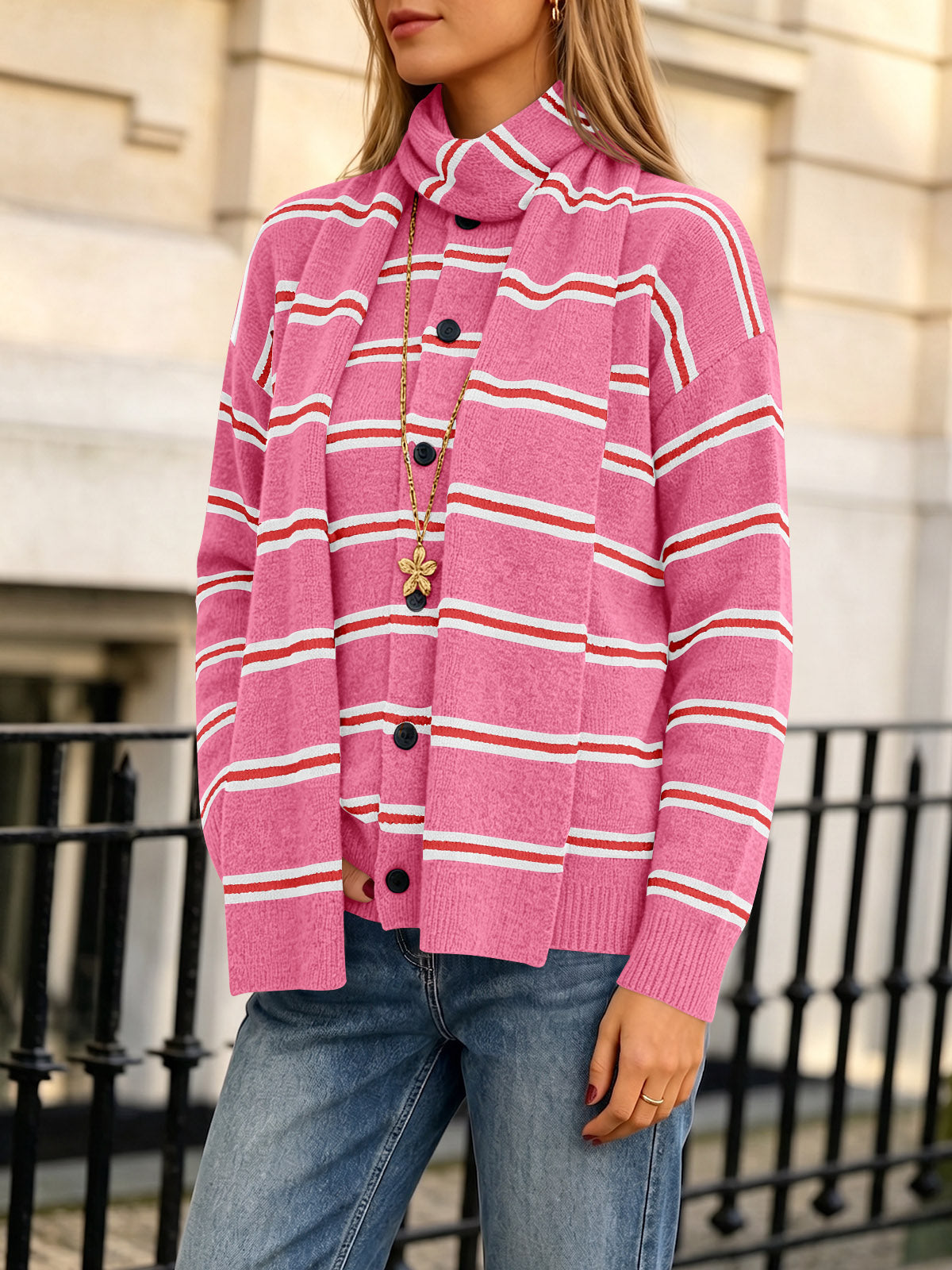 Saodimallsu Striped Knit Button Cardigan