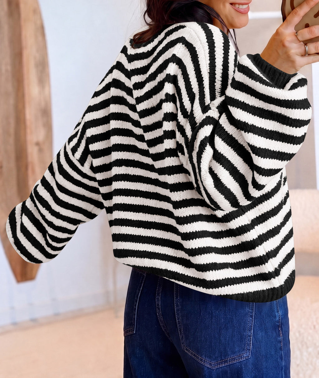Saodimallsu Women Striped V-Neck Knit Cardigan Sweater