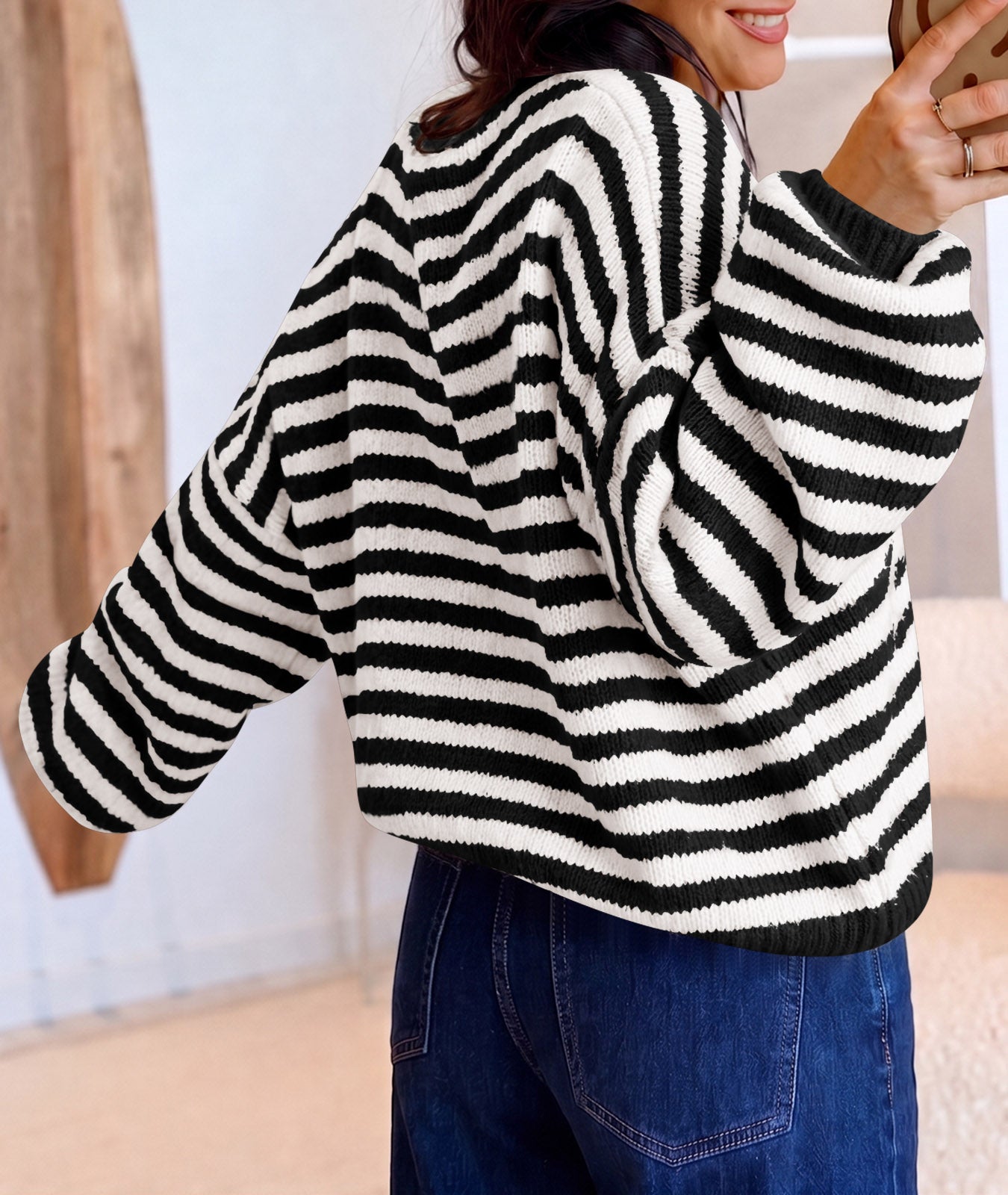 Saodimallsu Women Striped V-Neck Knit Cardigan Sweater