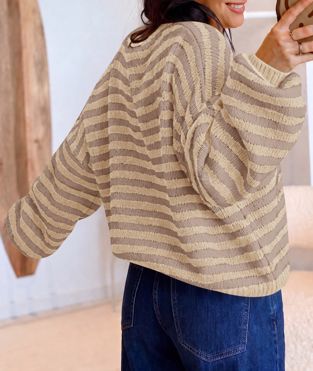 Saodimallsu Women Striped V-Neck Knit Cardigan Sweater