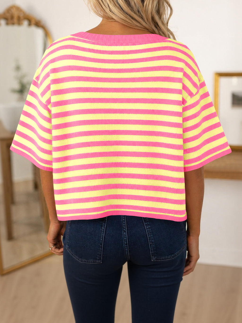Saodimallsu Women Striped Cropped Cardigan