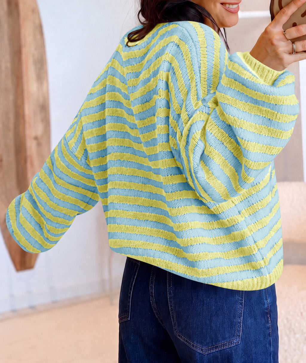 Saodimallsu Women Striped V-Neck Knit Cardigan Sweater