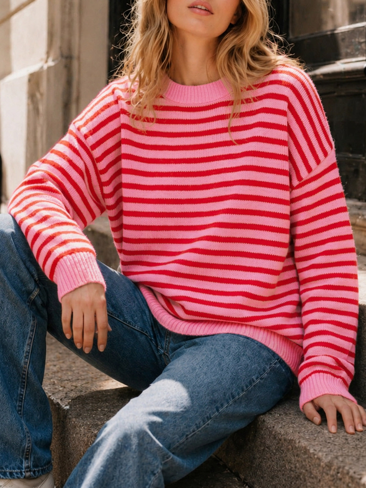 Saodimallsu Women Oversized Striped Crew Neck Pullover Sweater
