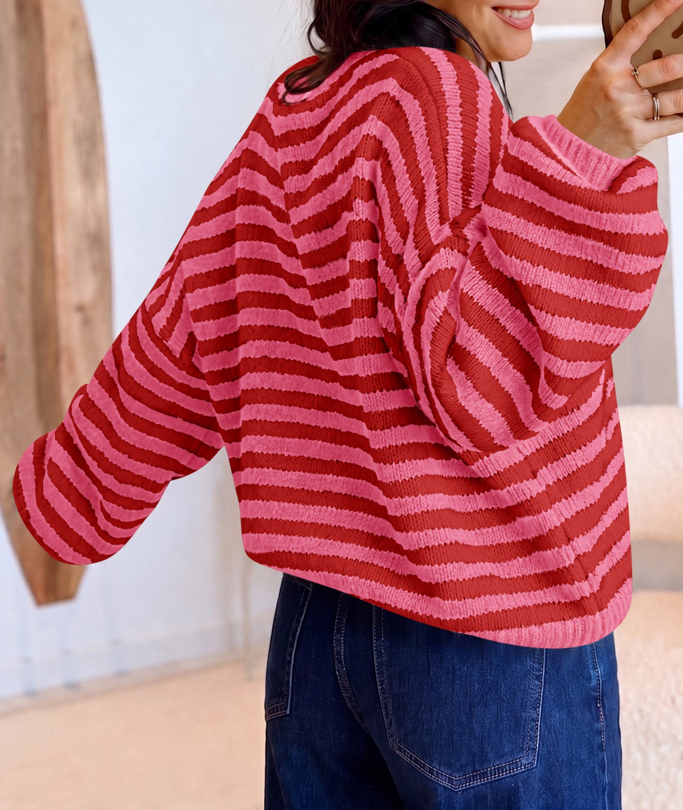 Saodimallsu Women Striped V-Neck Knit Cardigan Sweater