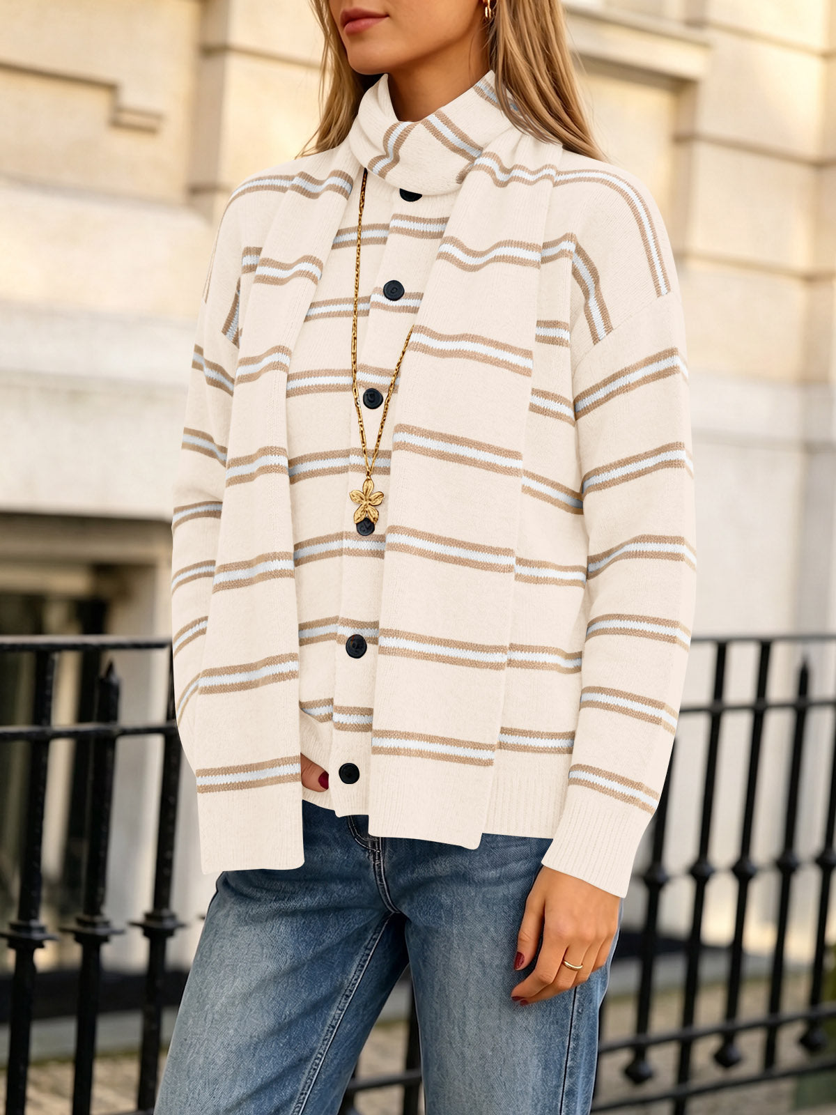 Saodimallsu Striped Knit Button Cardigan