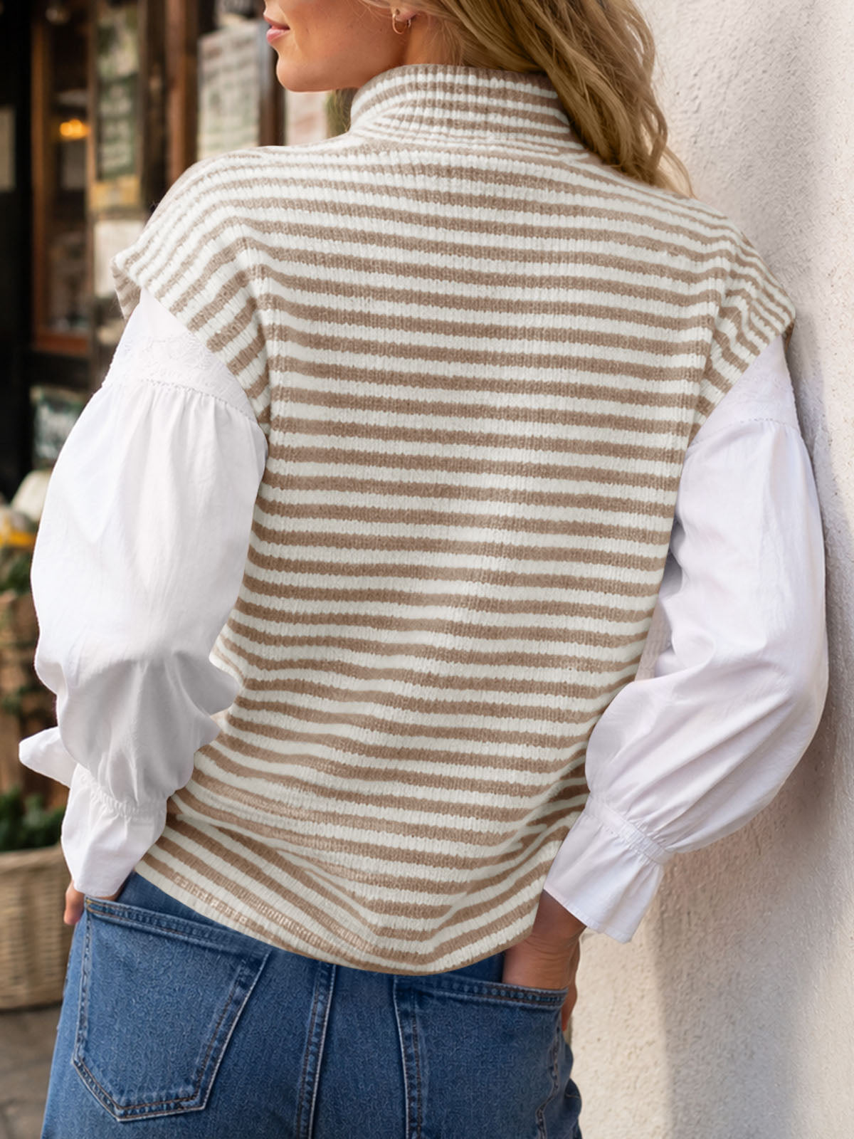 Saodimallsu Women Striped Zip Up Knit Cardigan